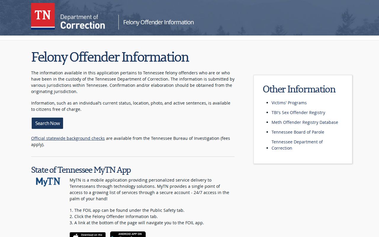 Tennessee TDOC FOIL felony offender search interface