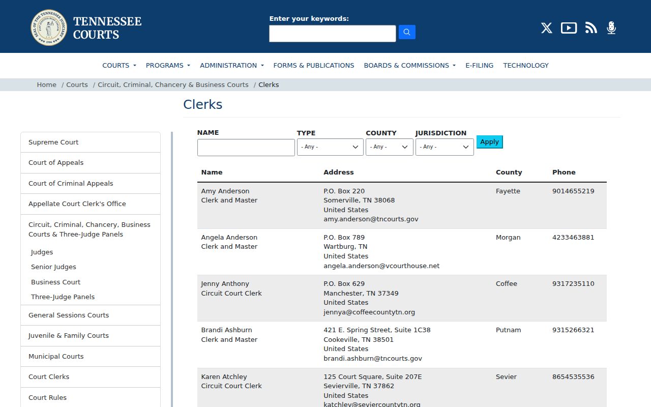 Tennessee court clerk directory for Campbell County criminal court contacts