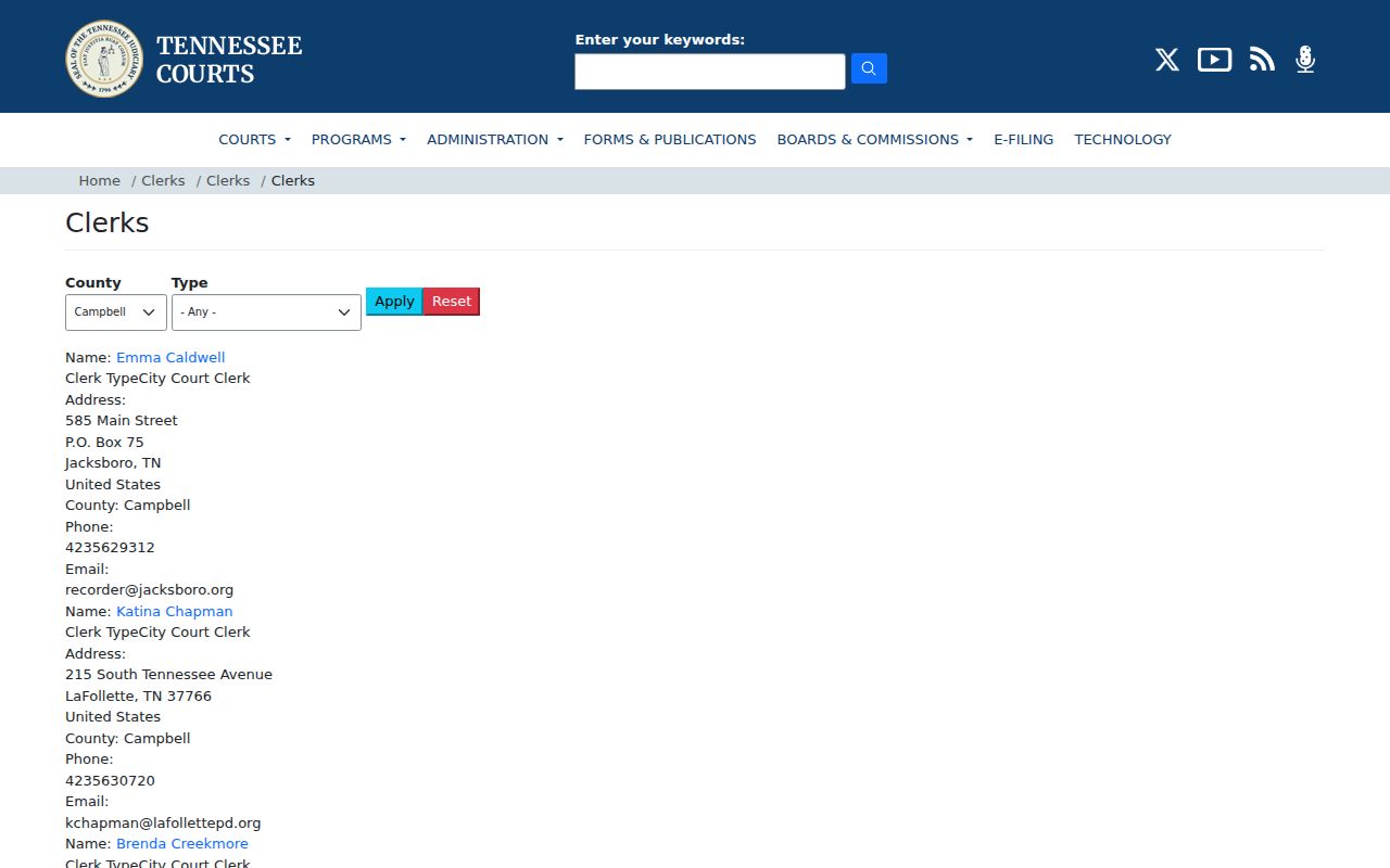 Campbell County court clerk directory result and contact route