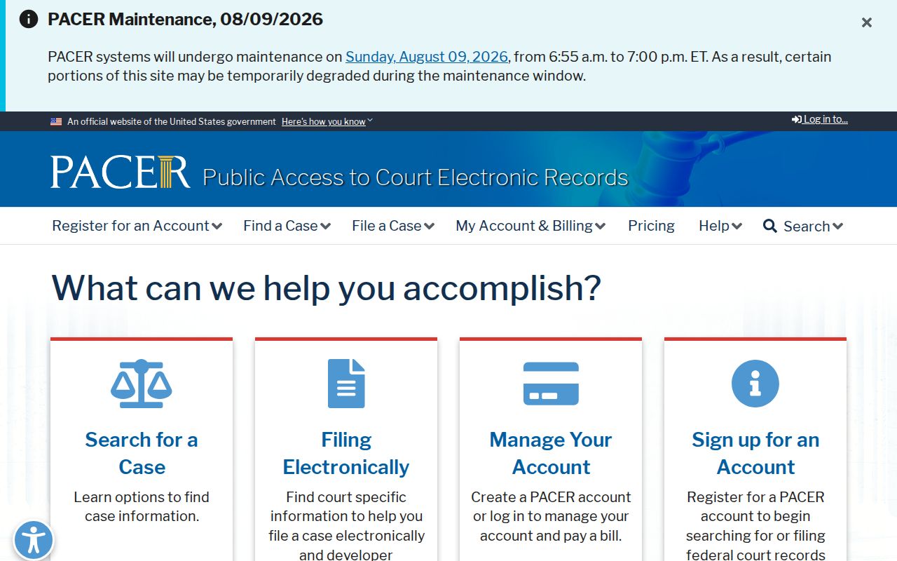 PACER federal court case locator access page