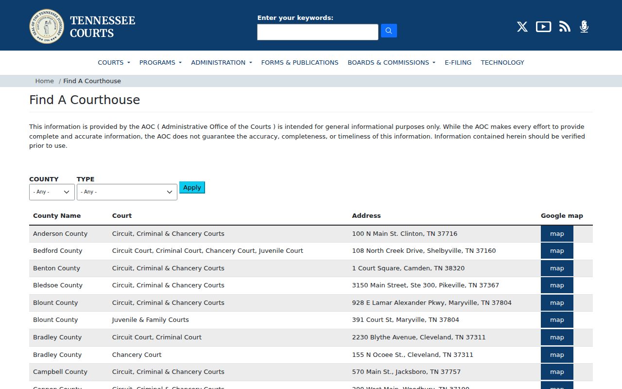 Tennessee courthouse directory showing Campbell County court location