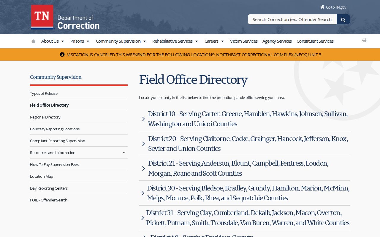 TDOC Campbell County probation and parole field office listing