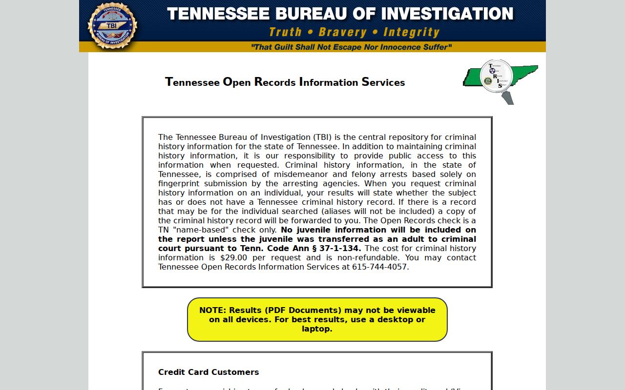TBI TORIS Tennessee criminal history request landing page