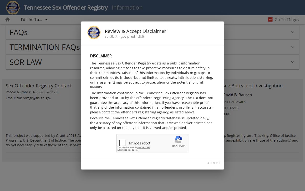 Tennessee registry information for Campbell County sex offender reporting